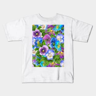 Beautiful Pansy Flowers Violet Viola Tricolor Floral Pattern. Watercolor Hand Drawn Decoration. Spring colorful pansies in bloom garden flowers. Kids T-Shirt